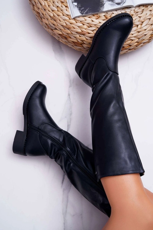 Damskie Kozaki Płaski Obcas Sergio Leone Ocieplane Czarne KZ280