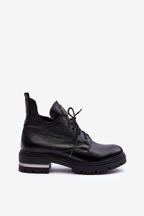 Zazoo 60309 Damskie Skórzane Botki Na Płaskim Obcasie Czarne