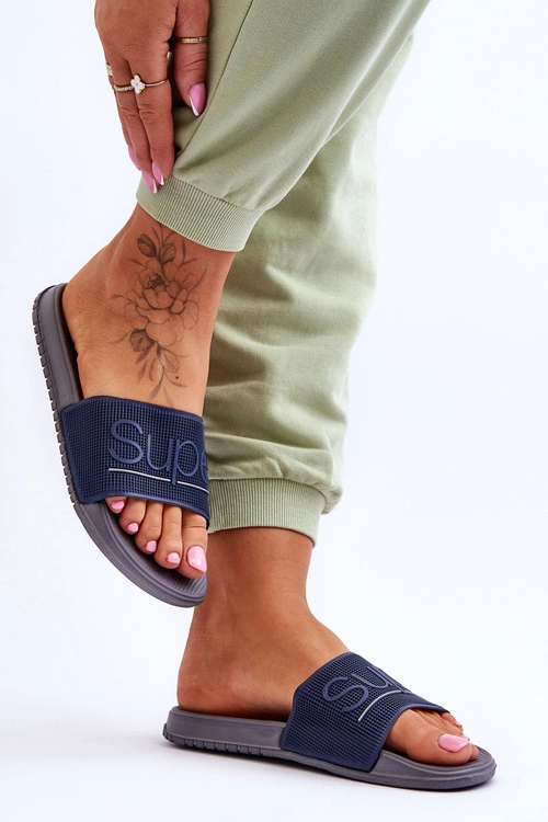 Lekkie Damskie Klapki Z Napisem Granatowo-Szare Merry