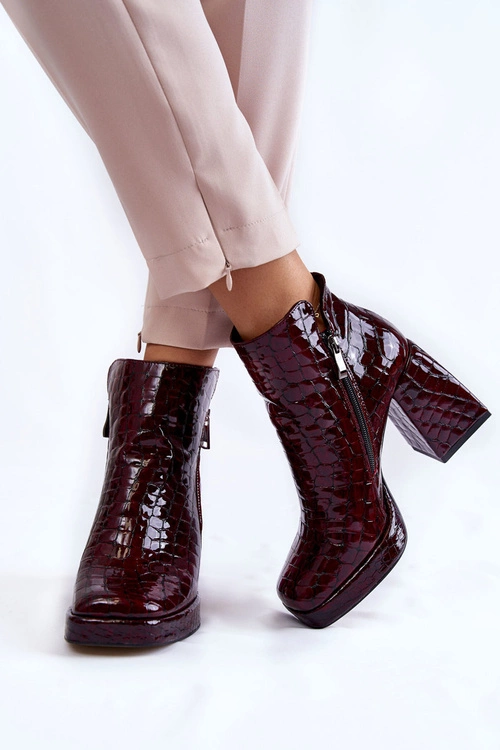 Skórzane Botki Na Obcasie Krokodyli Wzór Bordowe Alienore