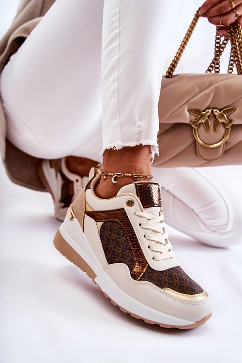 Damskie Skórzane Buty Sportowe Na Koturnie Biało-Brązowe Catrine