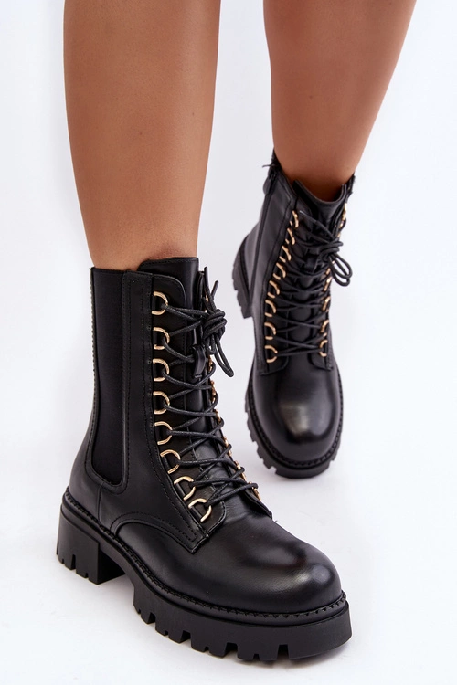 Skórzane Botki Workery Damskie Czarne Charmea