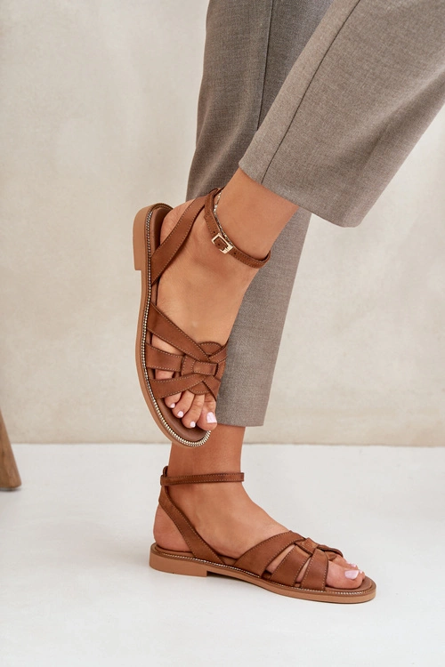 Skórzane Sandały Damskie Na Płaskim Obcasie Zazoo 3688 Camel