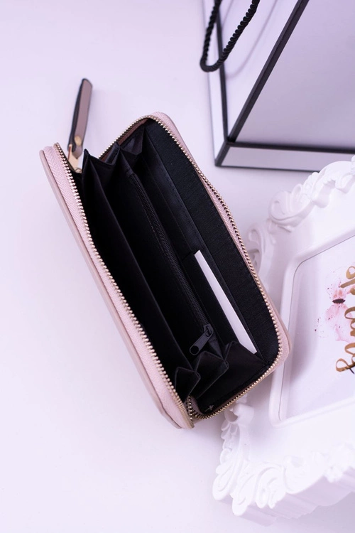 Duży Damski Prążkowany Beżowy Portfel Złote Okucia