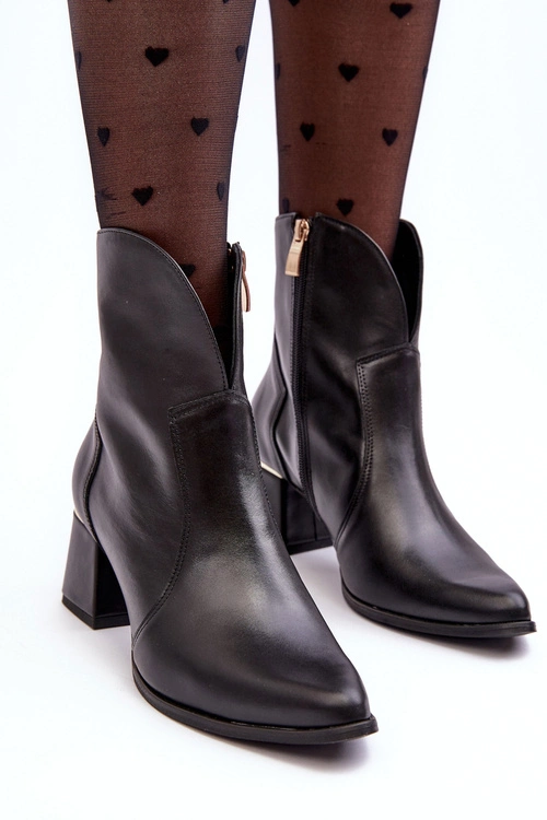 Skórzane Botki Kowbojki Damskie Na Obcasie Czarne Lewski 3166/B/2