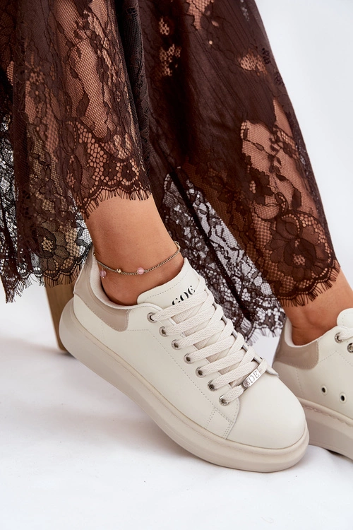 Skórzane Sneakersy Damskie Na Platformie GOE RR2N4004 Beżowe