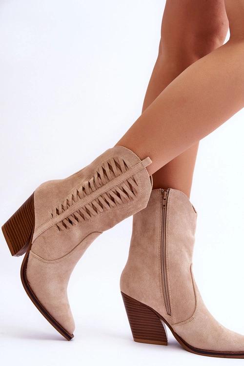 Damskie Zamszowe Kowbojki Botki Na Suwak Beżowe Lanna