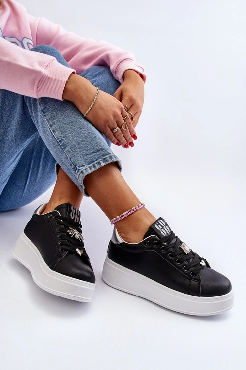 Sneakersy Damskie Na Platformie Z Ozdobami Czarne Herbisa