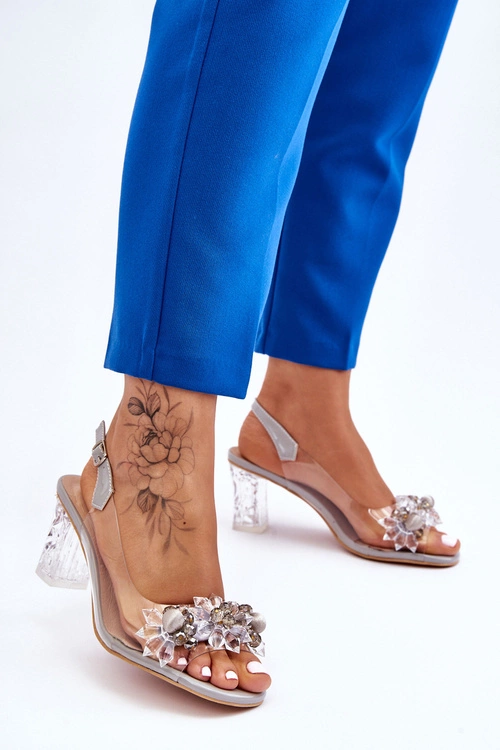 Modne Sandały Z Koralikami Szare Terrance