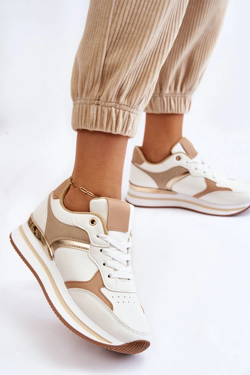 Damskie Modne Buty Sportowe Na Koturnie Biało-Beżowe Yuki