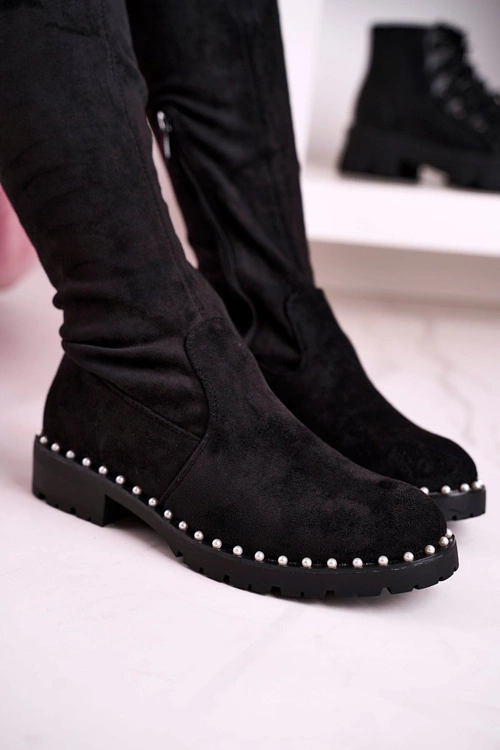 Kozaki Za Kolano Z Perełkami Zamszowe Czarne Isabel