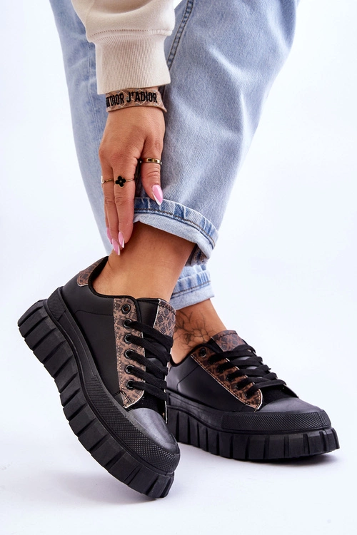 Damskie Skórzane Buty Sportowe Na Platformie Czarne Alison