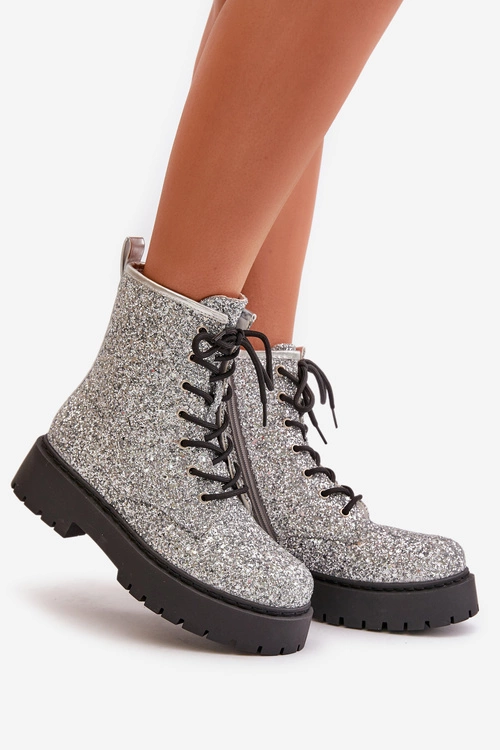 Ocieplane Botki Workery Damskie Ozdobione Cekinami Srebrne Liatheine