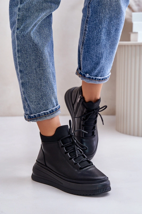 Lekkie Skórzane Buty Sportowe Na Platformie Artiker 55C1041 Czarne