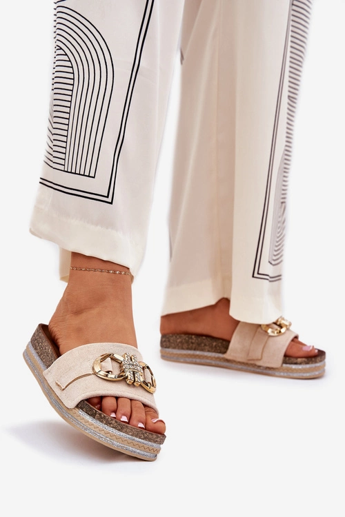 Klapki Damskie Na Platformie Z Brokatem I Złotą Ozdobą Beżowe Rilirea