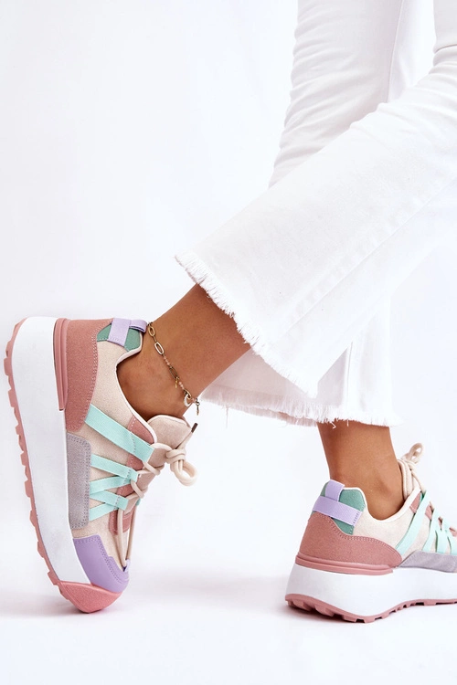 Damskie Zamszowe Buty Sportowe Na Platformie Beżowo-Różowe Rohan