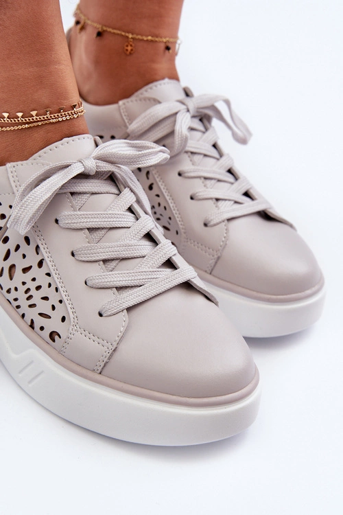 Ażurowe Sneakersy Damskie Na Platformie Skórzane Szare Peilaeno