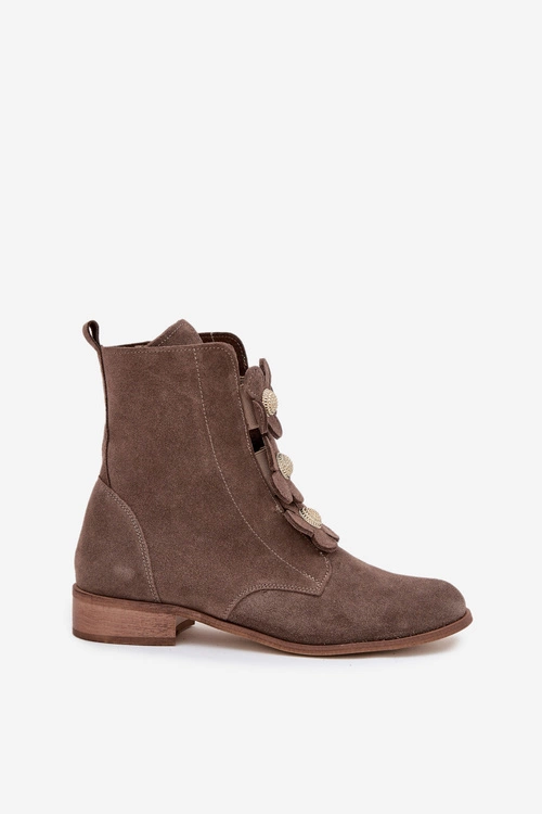 Zamszowe Botki Damskie Z Ozdobnymi Kwiatkami Zazoo 3085 Ciemnobeżowe