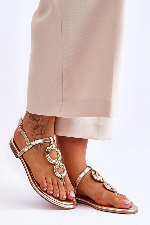 Skórzane Sandały Japonki Na Płaskim Obcasie Złote Keep Going