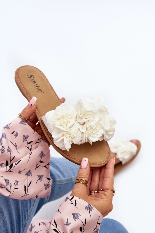 Damskie Klapki Z Kwiatkami Białe Eelfan