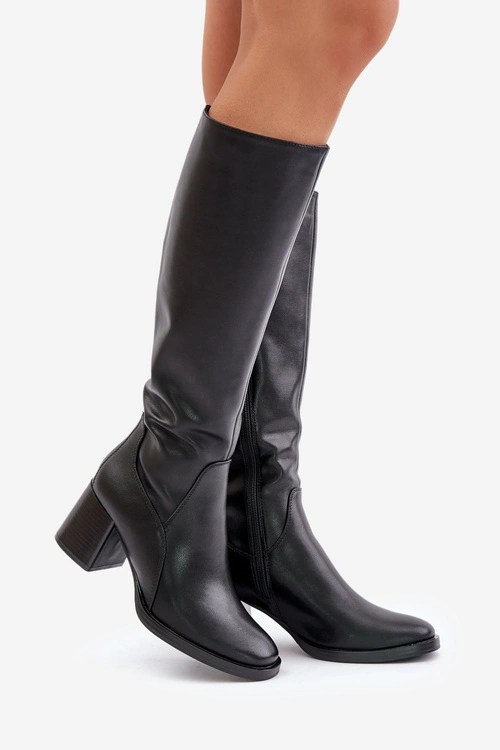 Skórzane Kozaki Na Słupku Przed Kolano Ocieplane Sergio Leone KZ231-S Czarne