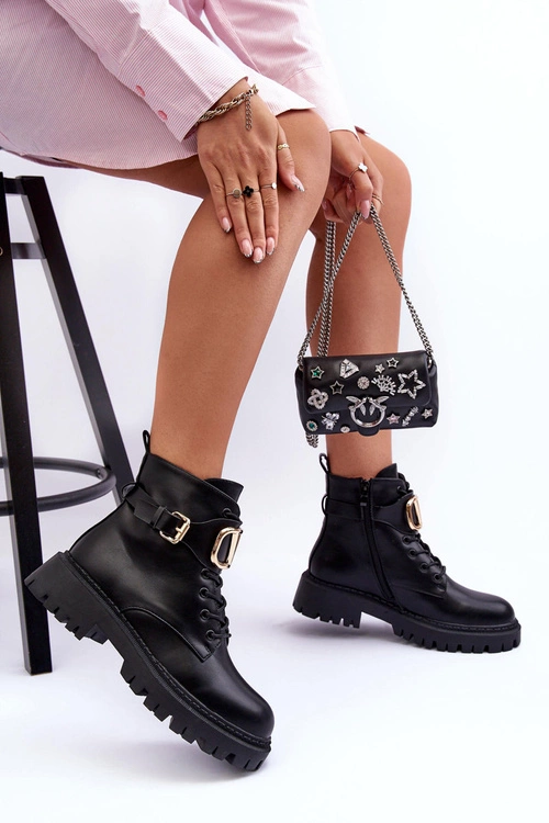 Skórzane Botki Workery Damskie Z Ozdobą Czarne Lalede