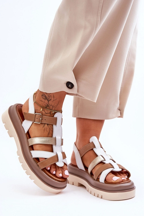 Skórzane Płaskie Sandały Maciejka 06101-11 Biało-Brązowe