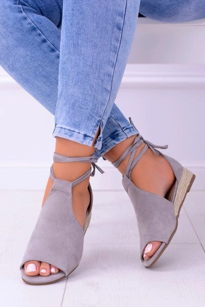Szare Zamszowe Sandały na Lekkim koturnie Espanoso