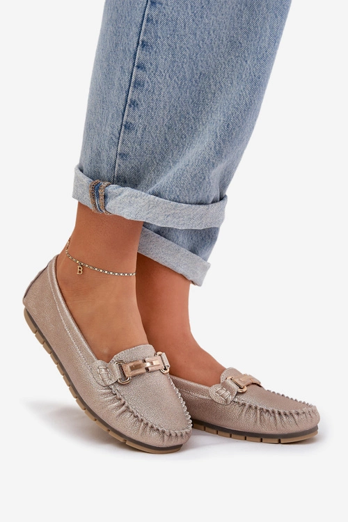 Brokatowe Płaskie Mokasyny Ze Skóry Naturalnej D&A LR51-546 Złote