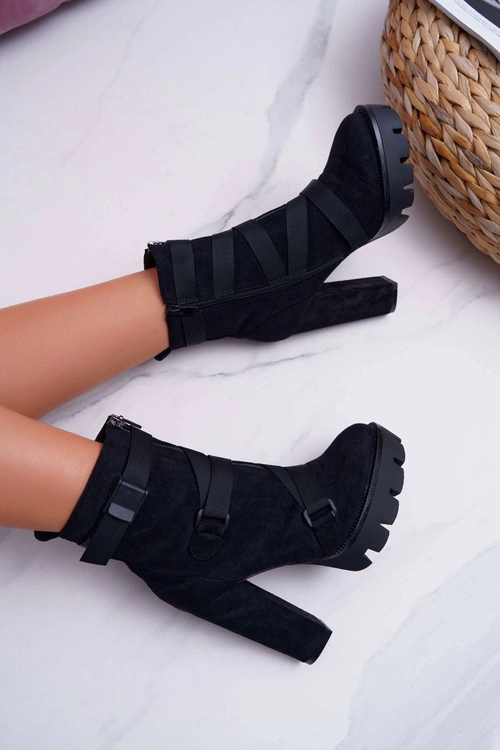 Damskie Botki Na Słupku Ocieplane Czarne Zamszowe Guiness