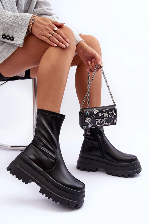 Skórzane Botki Na Masywnej Platformie Czarne Luinai