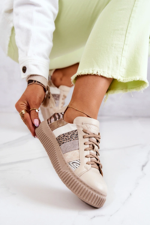 Skórzane Buty Sportowe Na Platformie Maciejka 05482-04 Beżowe