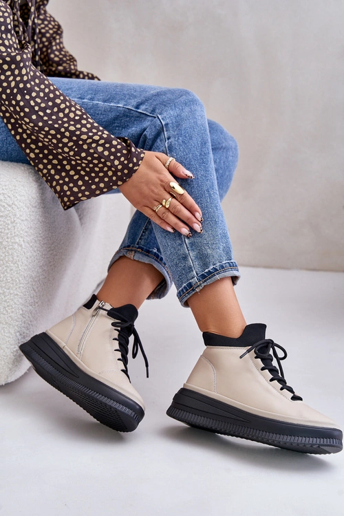 Lekkie Skórzane Buty Sportowe Na Platformie Artiker 55C0554 Beżowe