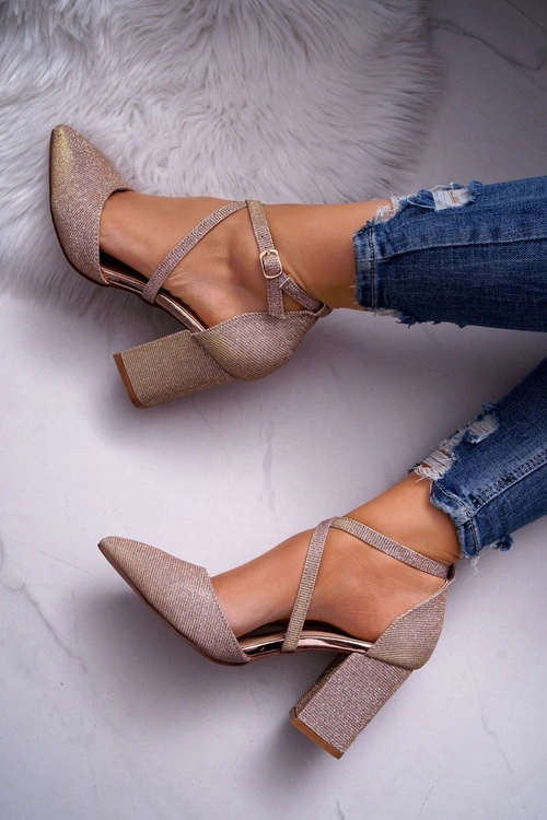 Czółenka Damskie Na Słupku Brokatowe Champagne Trever