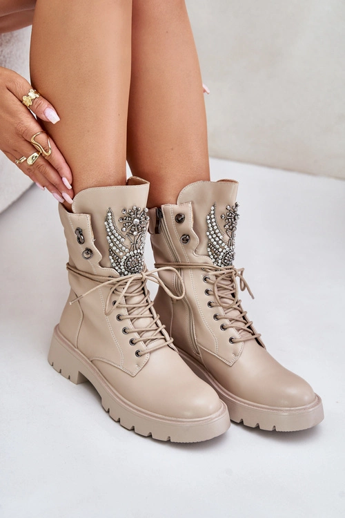 Eko Skórzane Botki Workery Ze Zdobieniem Ocieplane D&A MR880-080 Beżowe