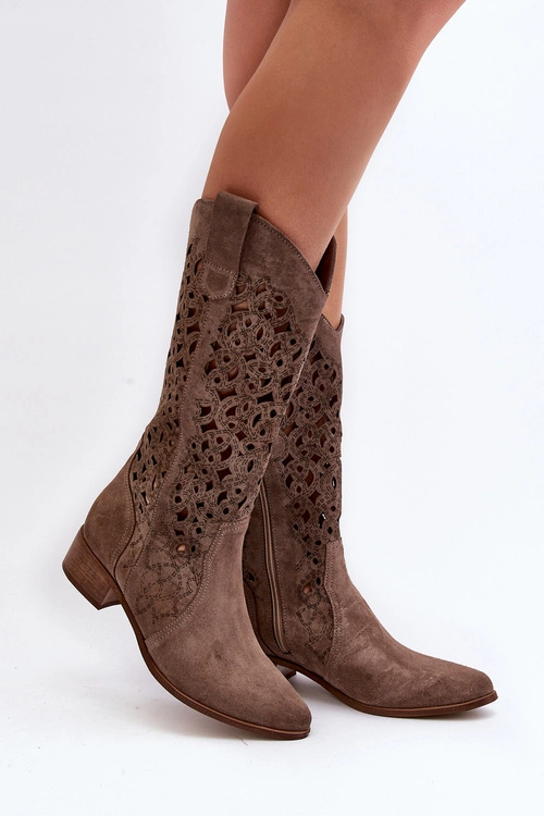 Zazoo 3403 Ażurowe Kozaki Damskie Na Niskim Obcasie Ciemnobeżowe