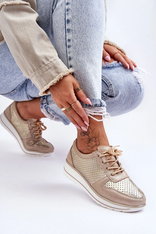 Skórzane Buty Sportowe Z Perforacją S.Barski AL22246 Złote