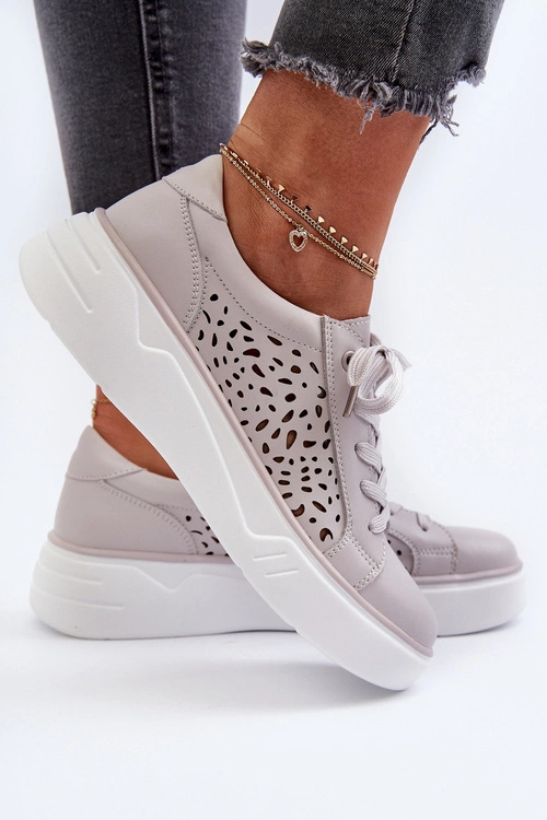 Ażurowe Sneakersy Damskie Na Platformie Skórzane Szare Peilaeno