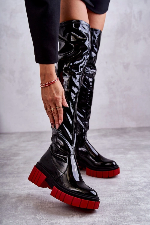 Lakierowane Damskie Kozaki Za Kolano Czarne Callen