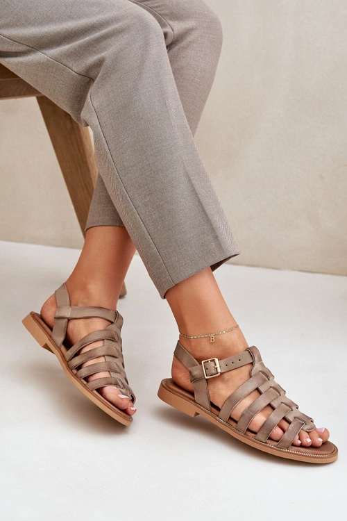 Skórzane Sandały Na Płaskim Obcasie Zazoo 3686 Ciemnobeżowe