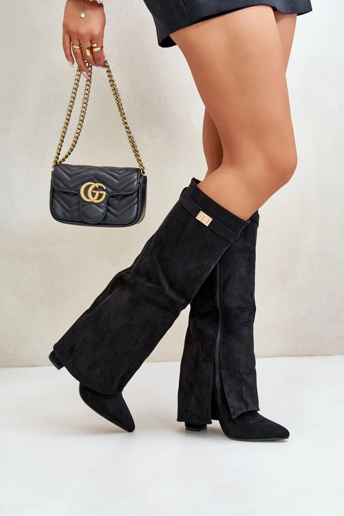 Kozaki Damskie Eko Zamszowe Z Wywiniętą Cholewką Na Słupku Czarne Bralise