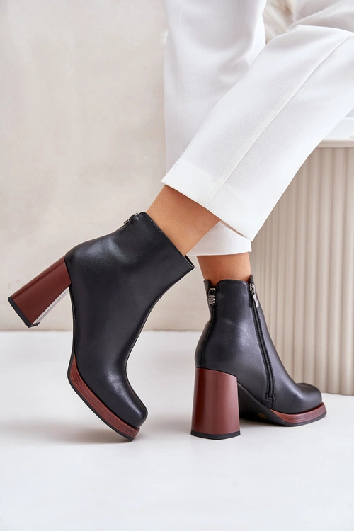 Skórzane Botki Damskie Na Słupku Ocieplane D&A JC42-37 Czarne