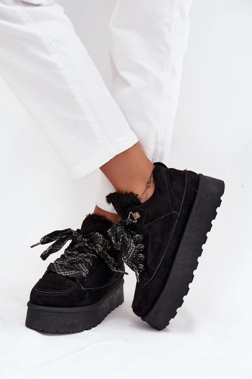 Sznurowane Śniegowce Damskie Na Platformie Ocieplane Futerkiem Czarne Tavelle