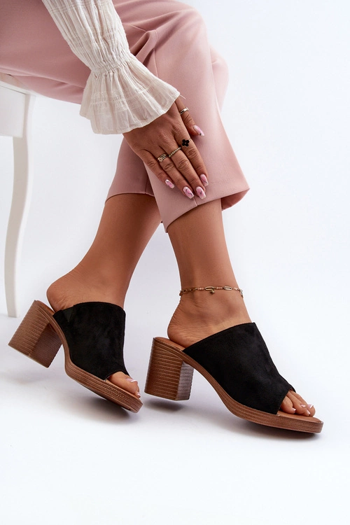 Eleganckie Lekkie Klapki Damskie Na Obcasie Czarne Varnila