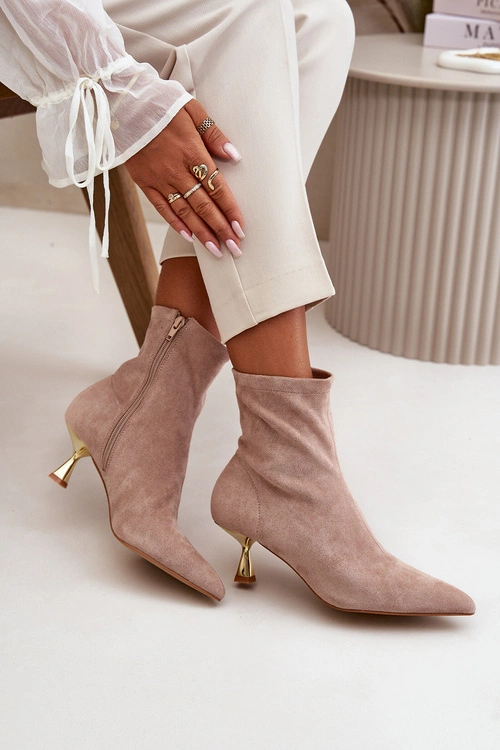 Botki Damskie Na Szpilce Eko Zamszowe Z Noskami W Szpic Beżowe Irithare