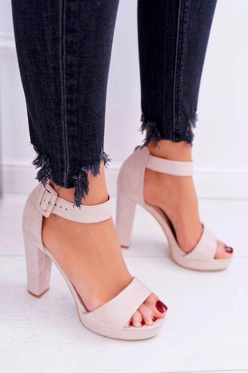 Sandały Damskie Na Obcasie Słupku Zamsz Beżowe ShakeUp