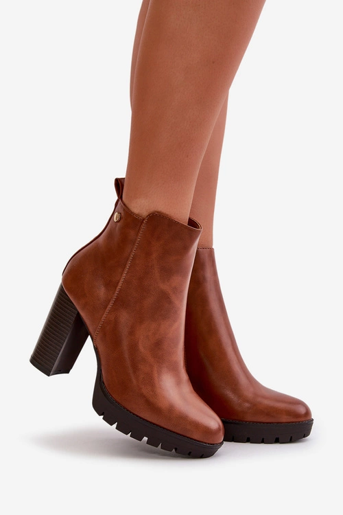 Botki Damskie Ocieplane Na Wysokim Słupku Zapinane Na Zamek Camel Bioria