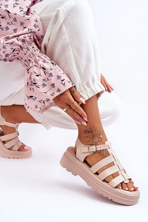 Skórzane Sandały Z Paseczkami Beżowe Colet