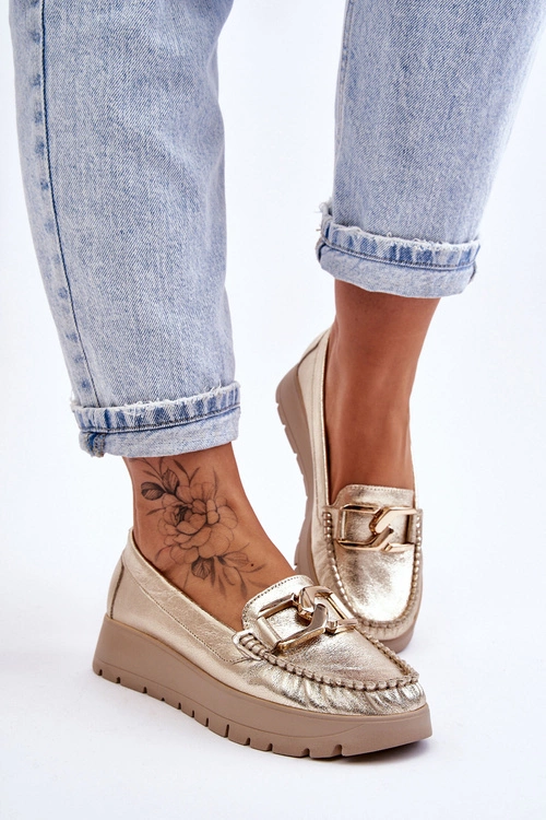 Zazoo 10141 Skórzane Mokasyny Na Platformie Z Ozdobą Złote