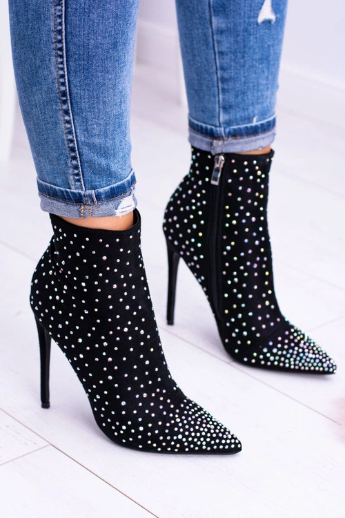 Lu Boo Czarne Wysokie Zamszowe Botki na Szpilce Cyrkonie Cubano